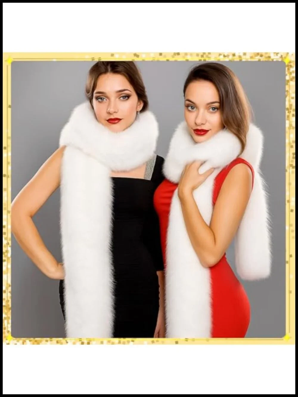 Faux Fur Collar Scarf Wrap Women Long Shawl w/ 2 Brooches Wedding